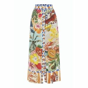 Alemais Theo Column Midi Skirt Tropical Seafood Food Fruit Print Stripe US 2